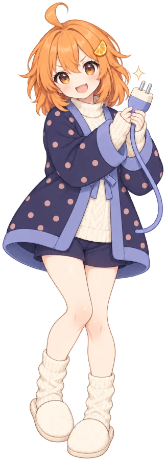 Mikan-chan holding up a chunky power plug