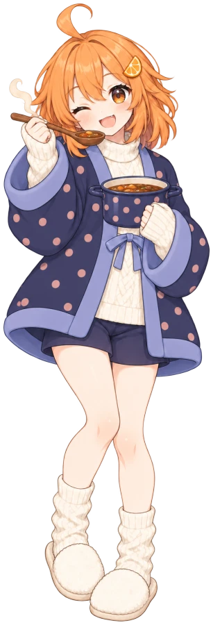 Mikan-chan taste-testing a little pot with a wooden ladle