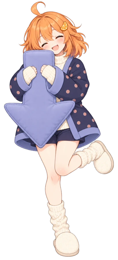Mikan-chan hugging a big soft cushion shaped like a download arrow