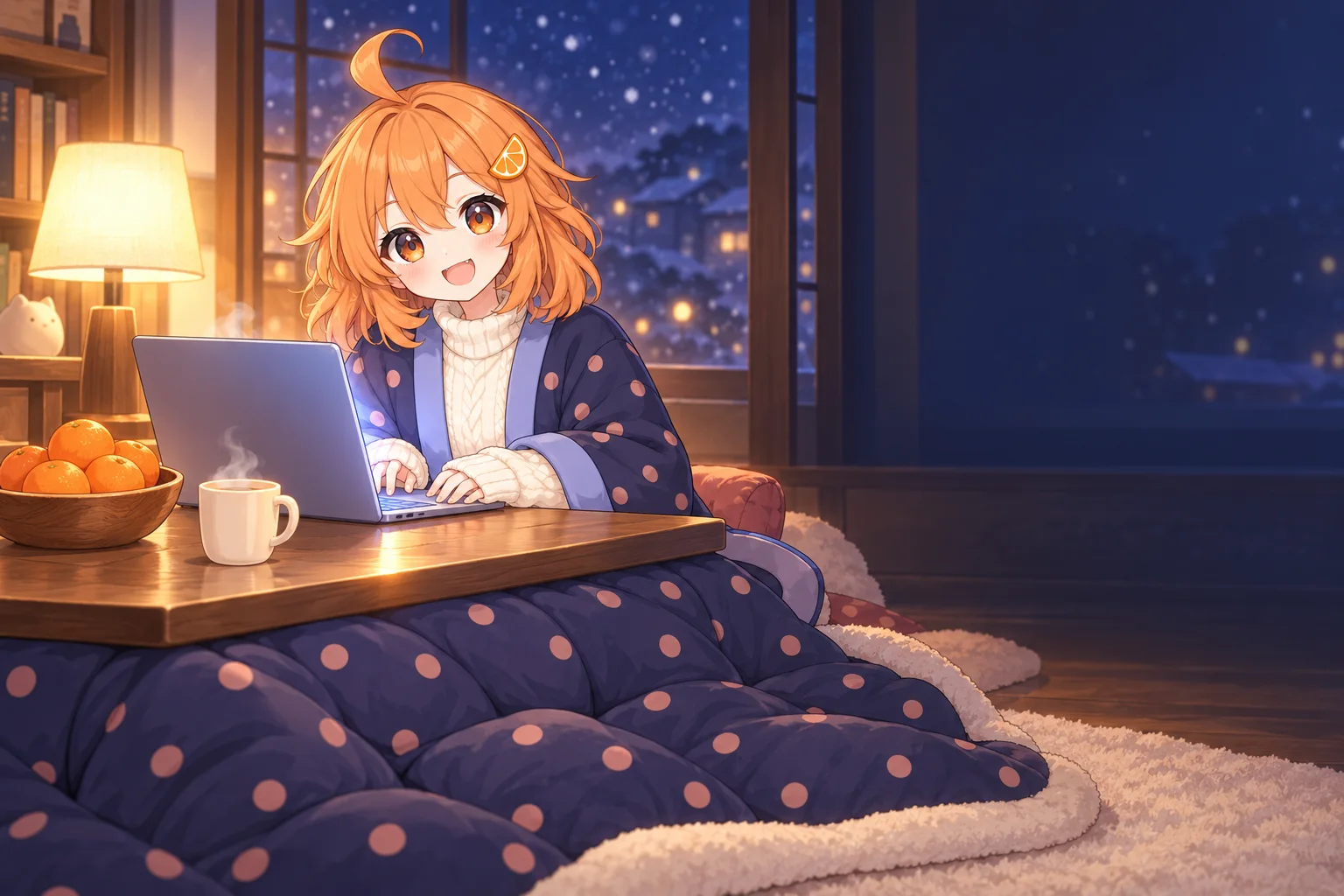 Mikan-chan, a girl with orange hair in an indigo polka-dot jacket, tucked under a kotatsu at night with a laptop, a bowl of mikans and snow outside the window