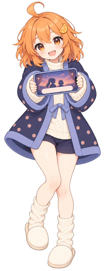 Mikan-chan holding up a phone that shows a little visual-novel stage