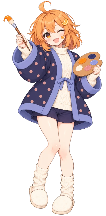 Mikan-chan winking with a paint palette and a brush, a dab of orange on her cheek
