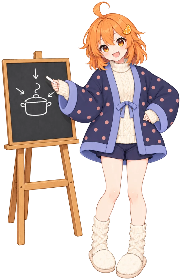 Mikan-chan at a little chalkboard, pointing with chalk
