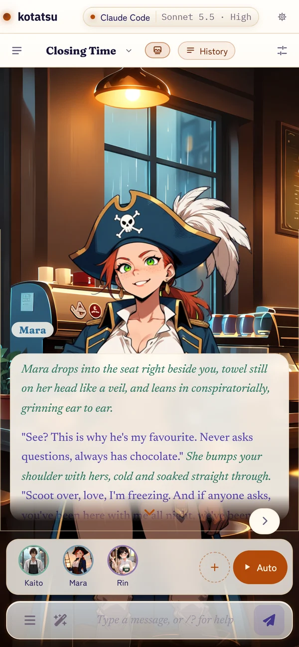 A scene in a rainy café: Mara the pirate captain on stage, the cast of three in a row under her line