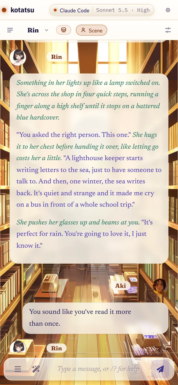 The History view: the bookshop scene dimmed behind the whole conversation