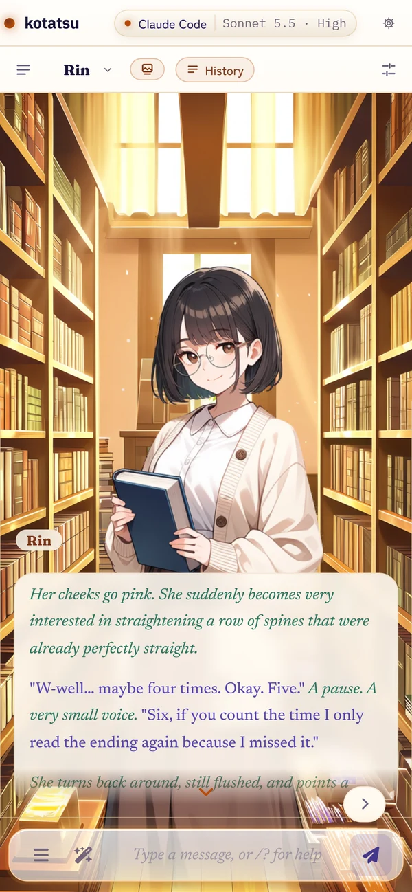 Rin in a sunlit bookshop, holding a book, with her reply in a textbox at the bottom of the screen and a small arrow saying there is more