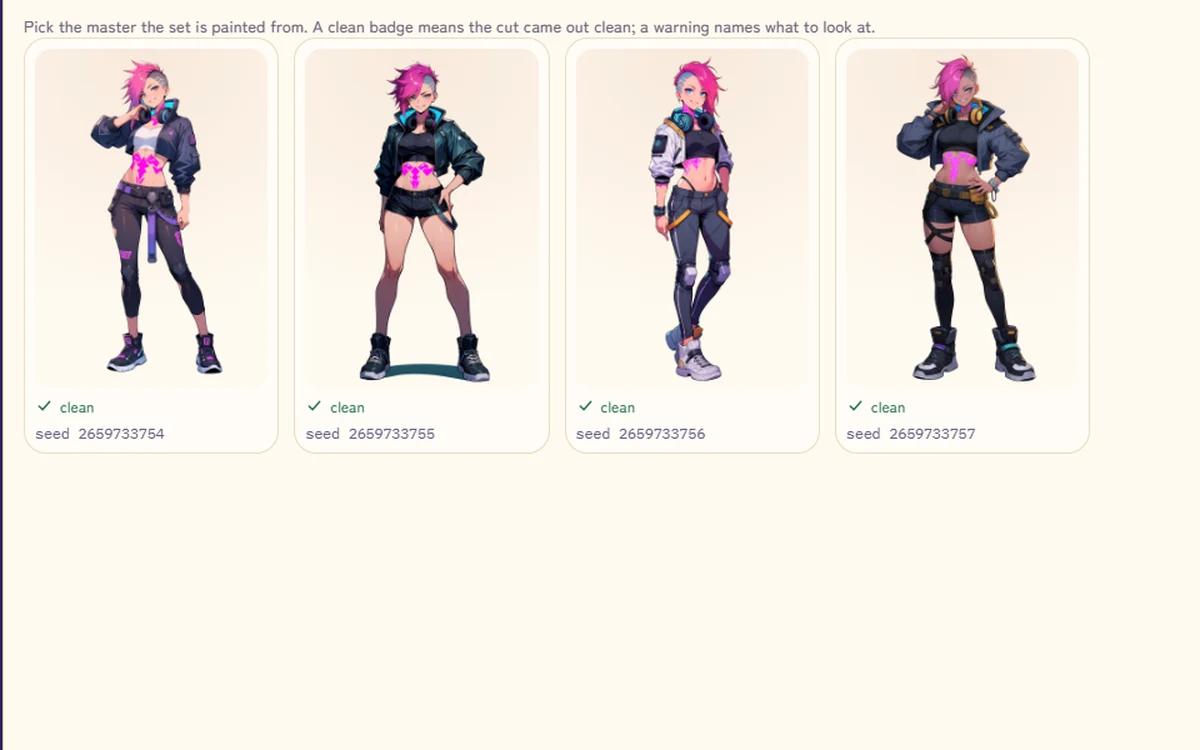The sprite generator showing four drawings of Juno, a pink-haired netrunner, each marked clean, waiting for one to be picked