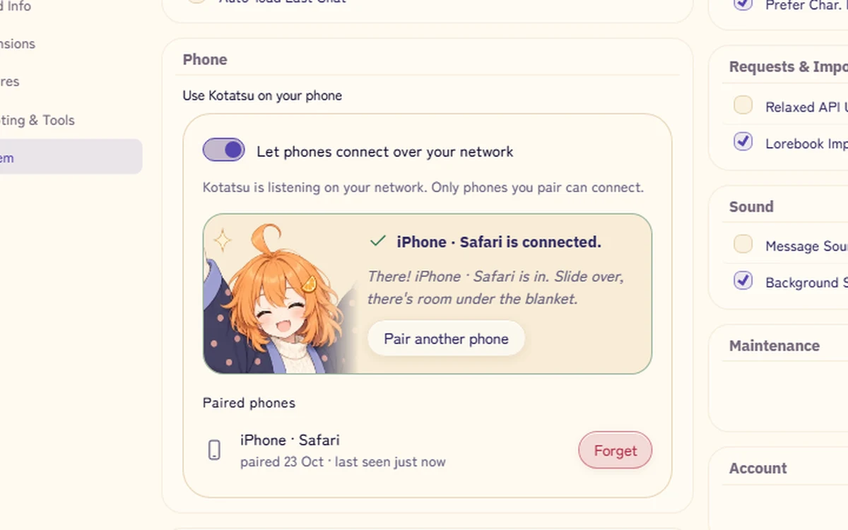 Settings, Phone: an iPhone has just paired, and Mikan-chan is cheering about it