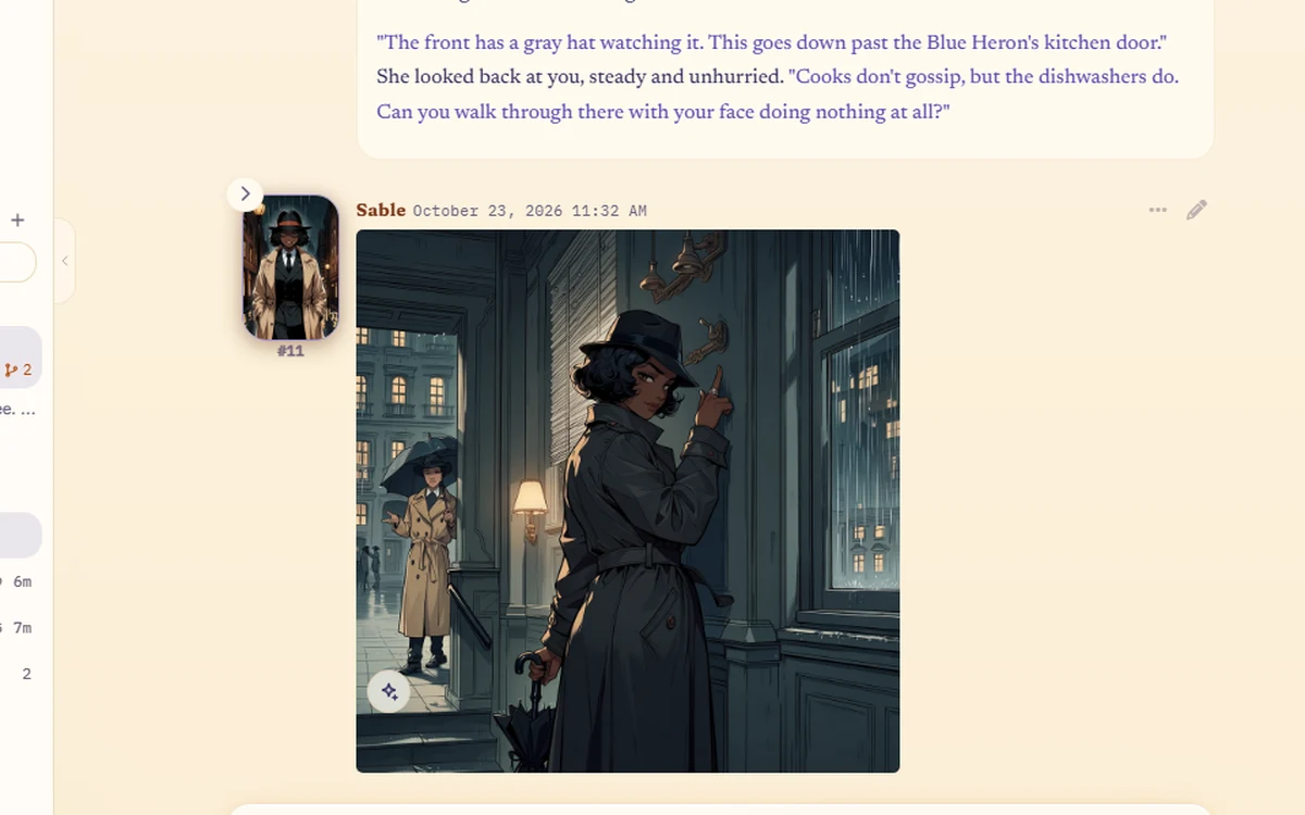 A noir chat with Sable the detective, and a picture of her at a rain-streaked window drawn into the conversation
