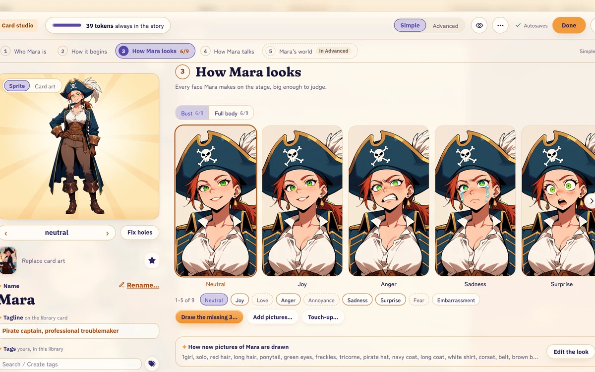 The Card Studio's Looks chapter: a character's sprite and her faces side by side, neutral, joy and more
